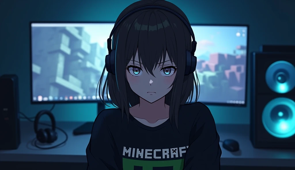 Serious and mysterious Komi San themed anime gamer girl, not so cute with headphones and brown hair, that his black Minecraft themed sweatshirt,light blue and gradient blue and with lenses on a PC Gamer,talking at camera, staring directly into the camara, She is front facing to the camera