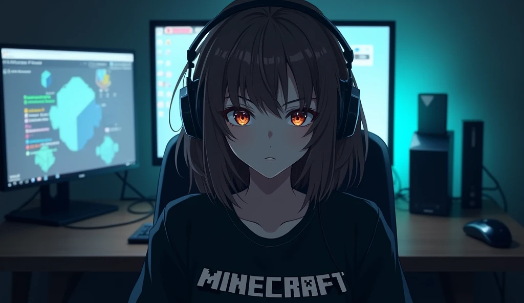 Serious and mysterious Komi San themed anime gamer girl, not so cute with headphones and brown hair, that his black Minecraft themed sweatshirt,light blue and gradient blue and with lenses on a PC Gamer,talking at camera, staring directly into the camara, She is front facing to the camera