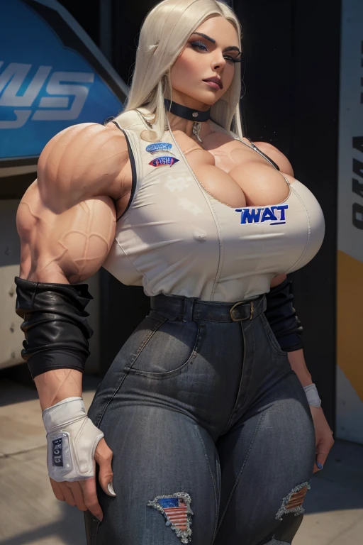 (((Close-up))), tall, (White hair) beautiful muscular woman, long straight hair, light brown skinned, large breast, closed smile, (black lipstick), (massive muscles), (hyper muscle), ((ginormous bulky muscles)), glowing blue eyes, (((sleeveless NASCAR jacket))), (((NASCAR pants))), boots, choker, sneakers, in a night town,