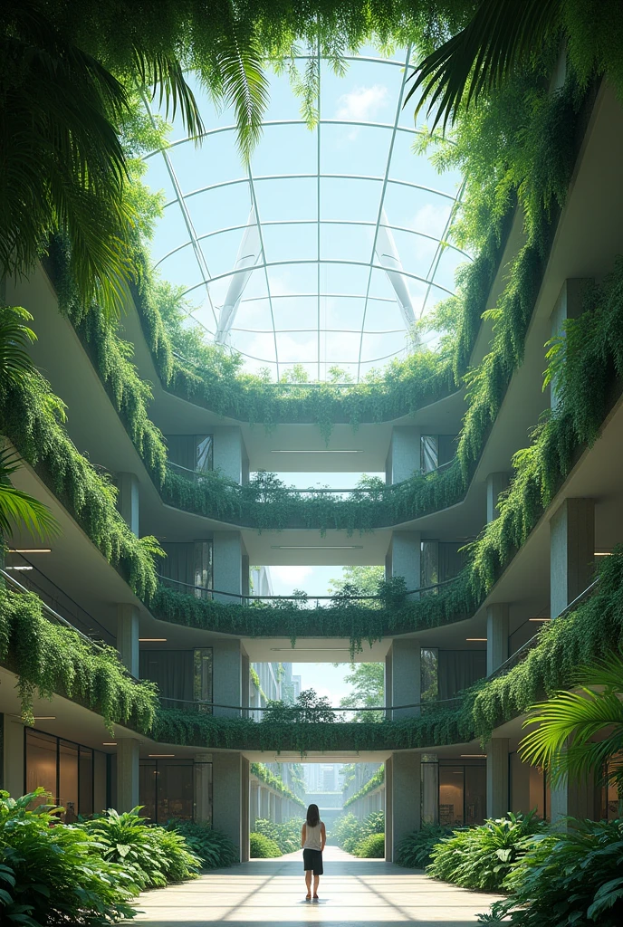 Circular polycarbonate skylight in a quadruple-height square-shaped structure in a hospital with a palm leaf roof above.