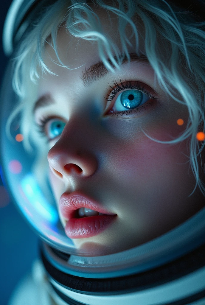 (Close-up of a better masterpiece: 1.5) 0.9], (Space and astronauts: 1.2) (Disheveled silver hair: 1.1) (Xanthochromia heterochromia and blue eyes: 1.2) (space helmet: 1.0) (colorful stars in the eyes: 1.0) (A radiant glow: 1.1) (thick lips: 0.9)