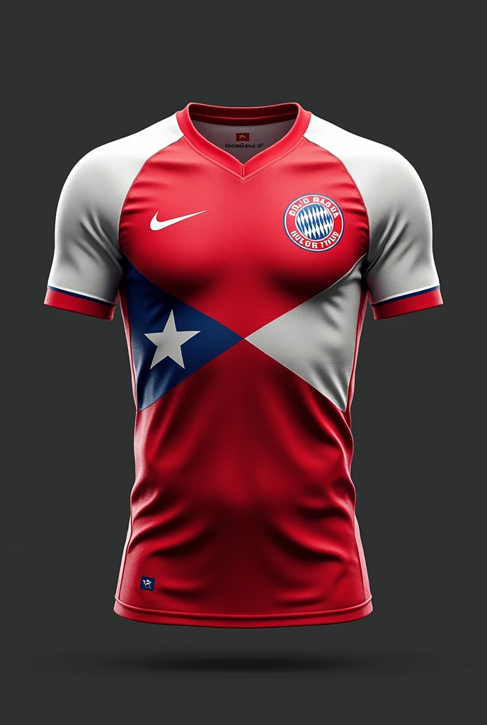 Bayer Munich shirt in first person with the Puerto Rico soccer logo currently on the FC Bayer Munich shirt