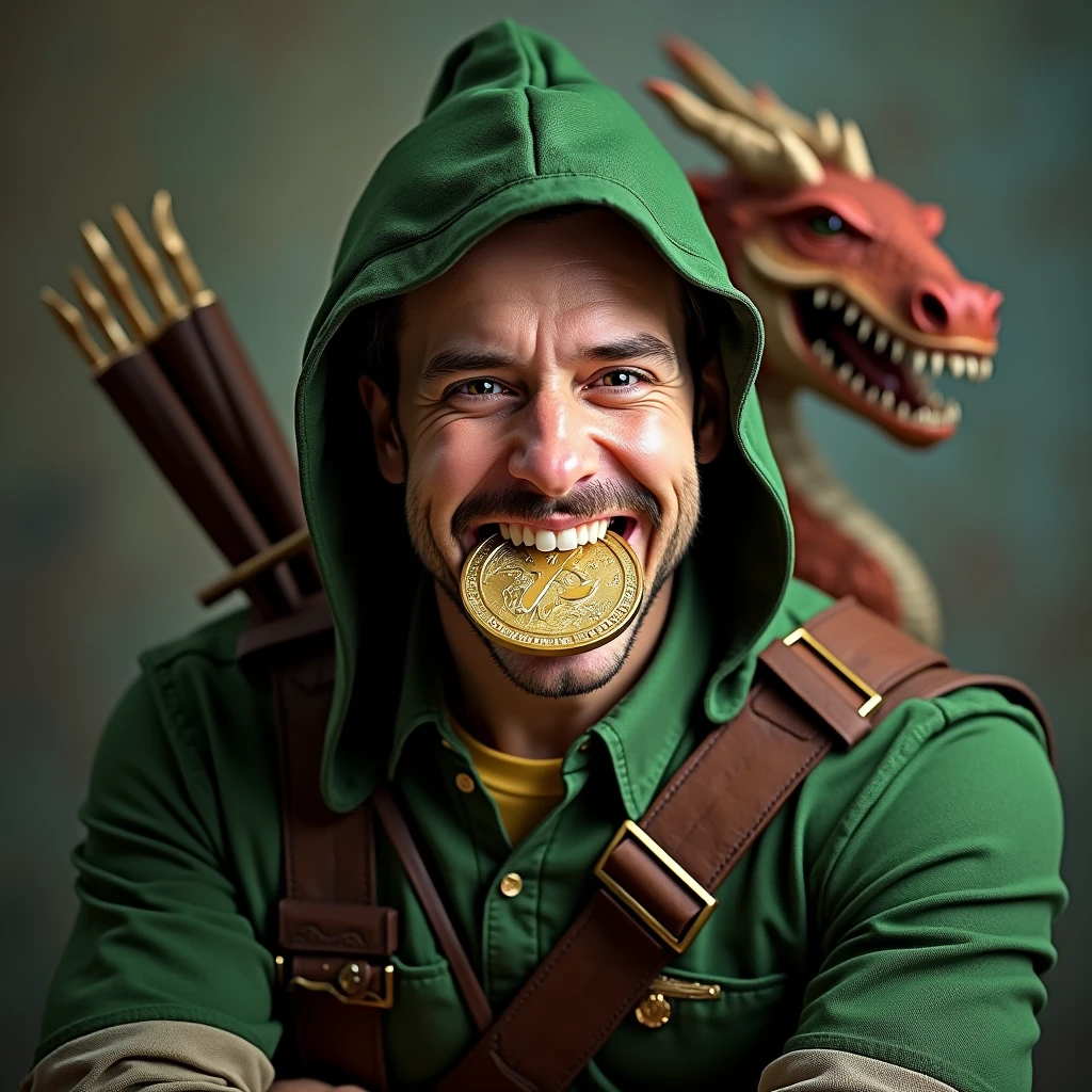 Smiling and biting Crypto coin adult Robin Hood looking to the camera in a studio dragon