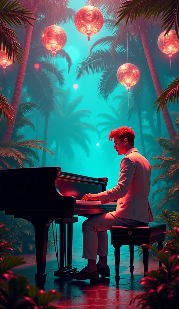 It&#39;s a jungle with disco balls and lights in the background there&#39;s a redheaded man playing the piano