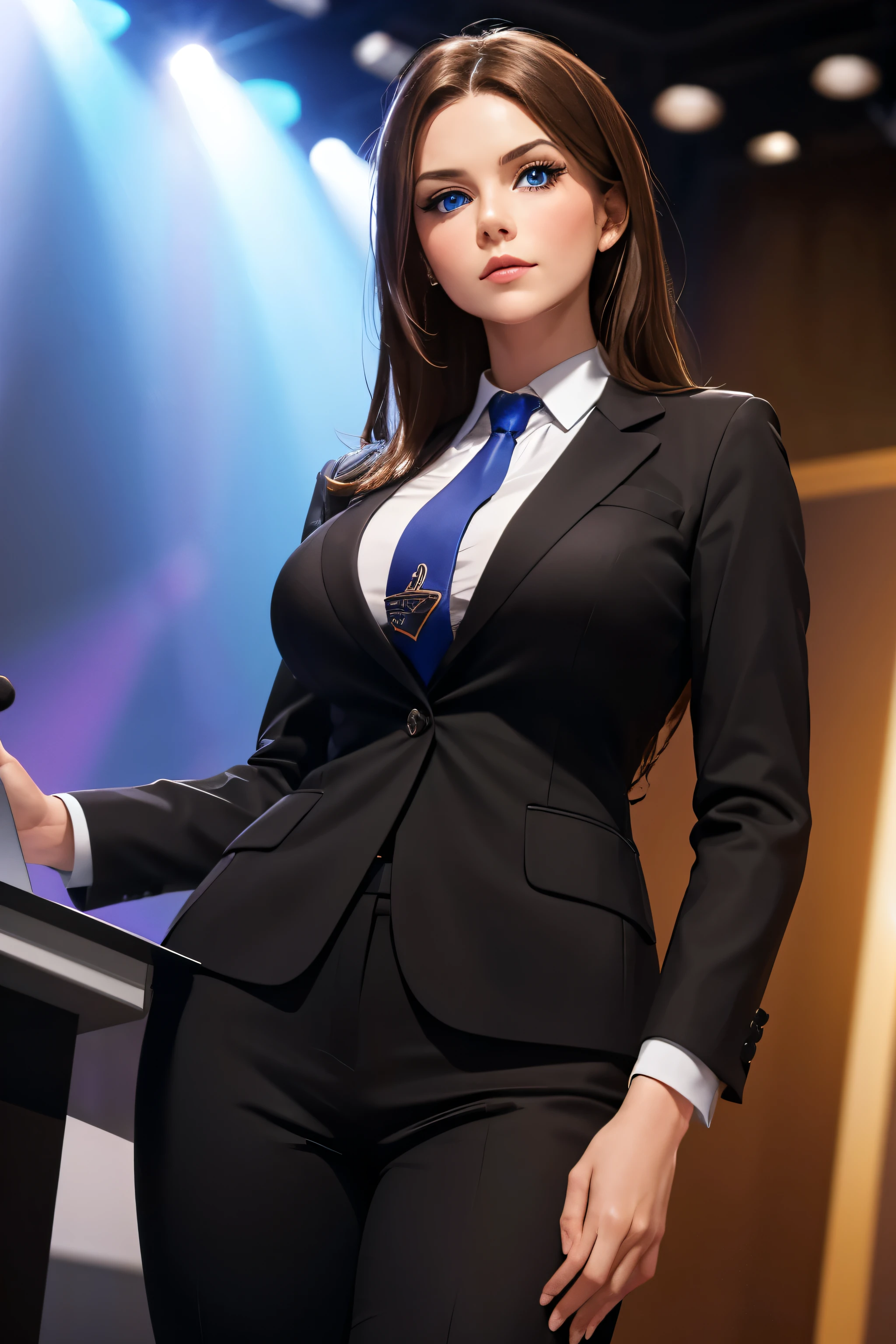 Woman, Brown Hair, Crystal Blue Eyes, Black Business Suit, Very Large Breasts, Necktie, Standing behind Podium, on stage at business conference, giving a speech