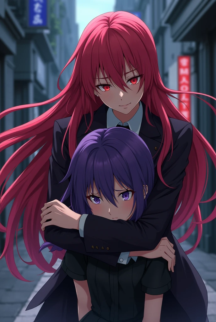 Anime character woman with long red hair and red eyes dressed as a detective helping a purple-haired girl in a black dress.