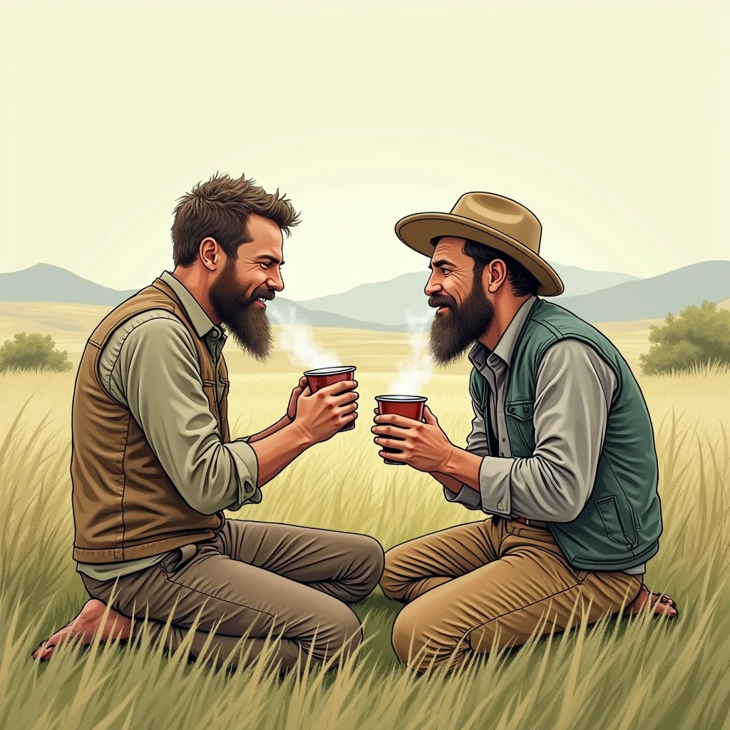 Create a drawing of two men drinking mate in the countryside