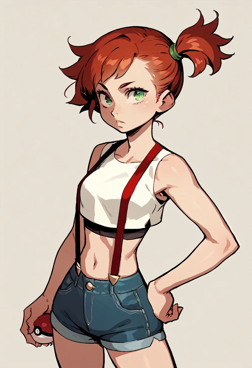 score_5_up, score_6_up, score_7_up, source_anime,
 1girl, solo, hand on hip, holding pokeball,standing, wearing (short denim shorts, crop top, suspenders), red hair, short hair, green eyes, side ponytail, midriff, narrow waist, simple background