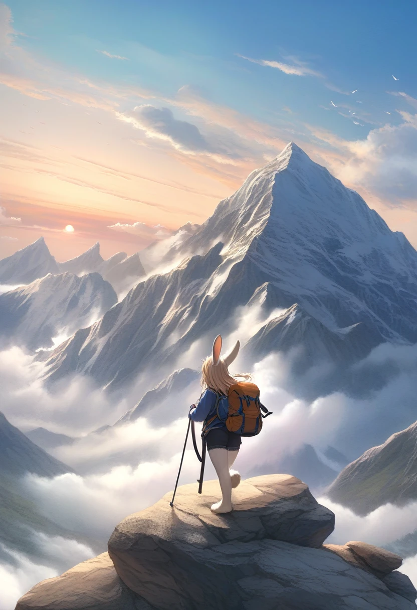 ((Masterpiece)), ((Best Quality)), (Very Detailed), ((Very Detailed)), 4K, (8K), very aesthetic, absurdres highres, 1 woman, (anthropomorphic Rabbit, furry, kemono:1.5), A climber puffs out his chest with a sense of accomplishment at the summit under clear skies. The backlight dramatically emphasizes his silhouette, detailing the texture of the rocks and the mountains in the distance. A climbing cane is held in the hands of the climber, and a backpack can be seen on his back. The wind is blowing, and the hair of the climbers is shaking. White clouds float in the sky, and the sky is blue. The background has a realistic touch with detailed details, giving a powerful impression to the whole.