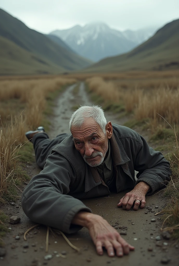 An elderly person lying on the cold floor in the countryside