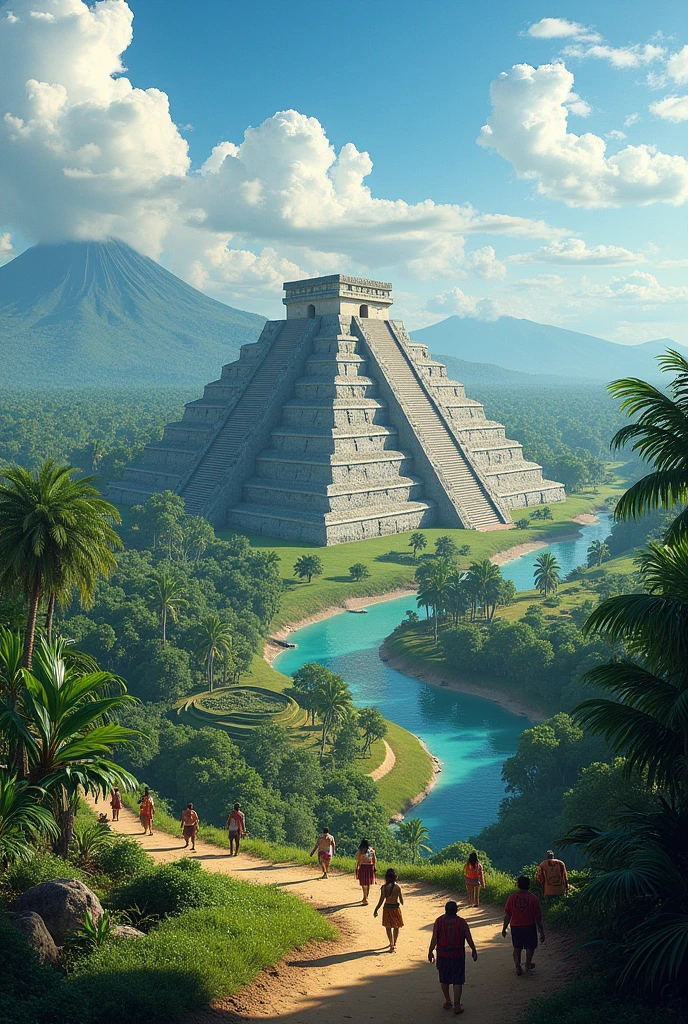 a vast and varied landscape. En el centro de la imagen, highlight a Mayan or Aztec city-state, with large stepped pyramids, like the Pyramid of the Sun in Teotihuacán or the ruins of Tikal. around the city, include vast tropical forests, terraced crop fields, and winding rivers. Show people dressed in traditional costumes, working in agriculture, like planting corn, or in religious rituals. Ao fundo, mountains and volcanoes, typical characteristics of the region, complete the scenario. The sky is clear, with some scattered clouds.