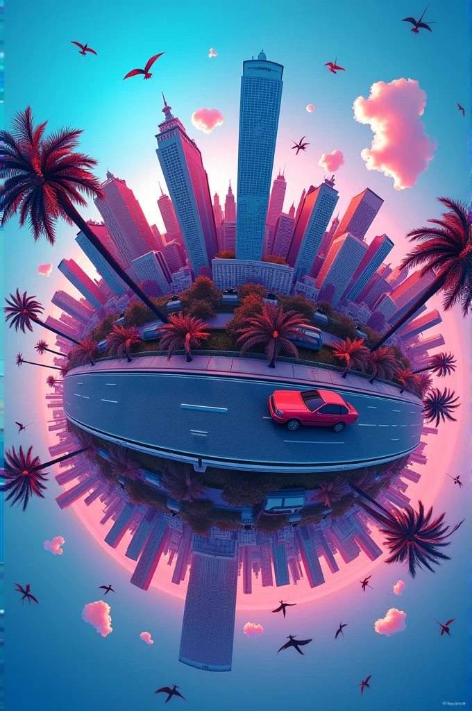 a 360 fisheye globe effect with nyc buildings synths palm trees birds and cars sticking out 3d plastic shading all bright colors neon blue purple red keyshot render