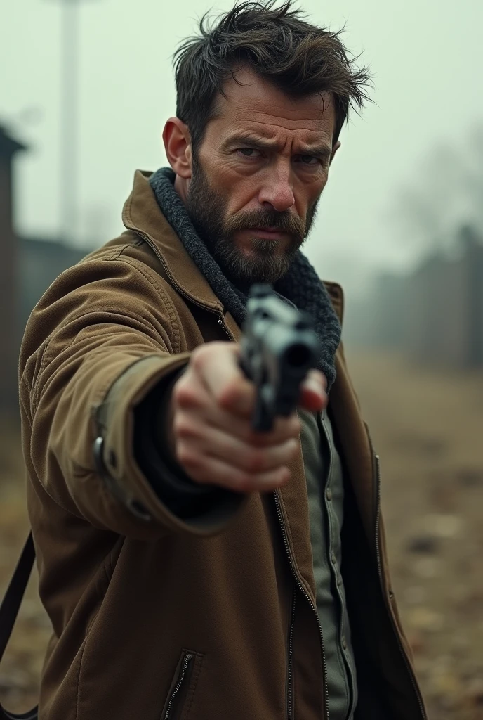 30-year-old white man, short beard, messy hair and a brown jacket with a revolver