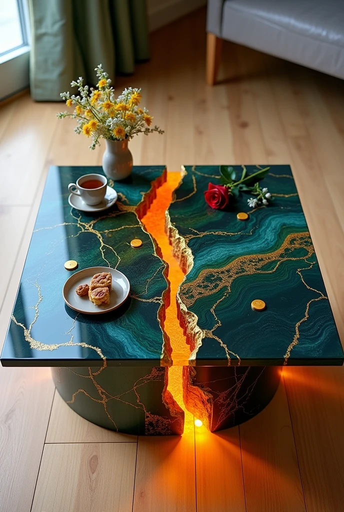 Small square table, perfect for serving coffee, handcrafted with a two-way mirror glass top that creates a stunning visual effect resembling a deep, endless tunnel, lit from within by warm orange LED lighting. The sides are covered with a layer of epoxy in shades of blue and dark green, interspersed with shiny gold stripes in the form of veins and intertwined lines as in the picture, which gives a sense of luxury and distinction. The table is decorated with simple decorations such as golden swags, small flowers, a cake, nuts, a red rose, and a tea cup.. The table is placed on a light-coloured wooden floor to enhance the contrast between the luxurious design and modern colours, making it a distinctive piece of art in any room or living room.