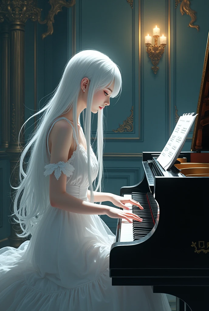An anime girl with white hair who plays the piano