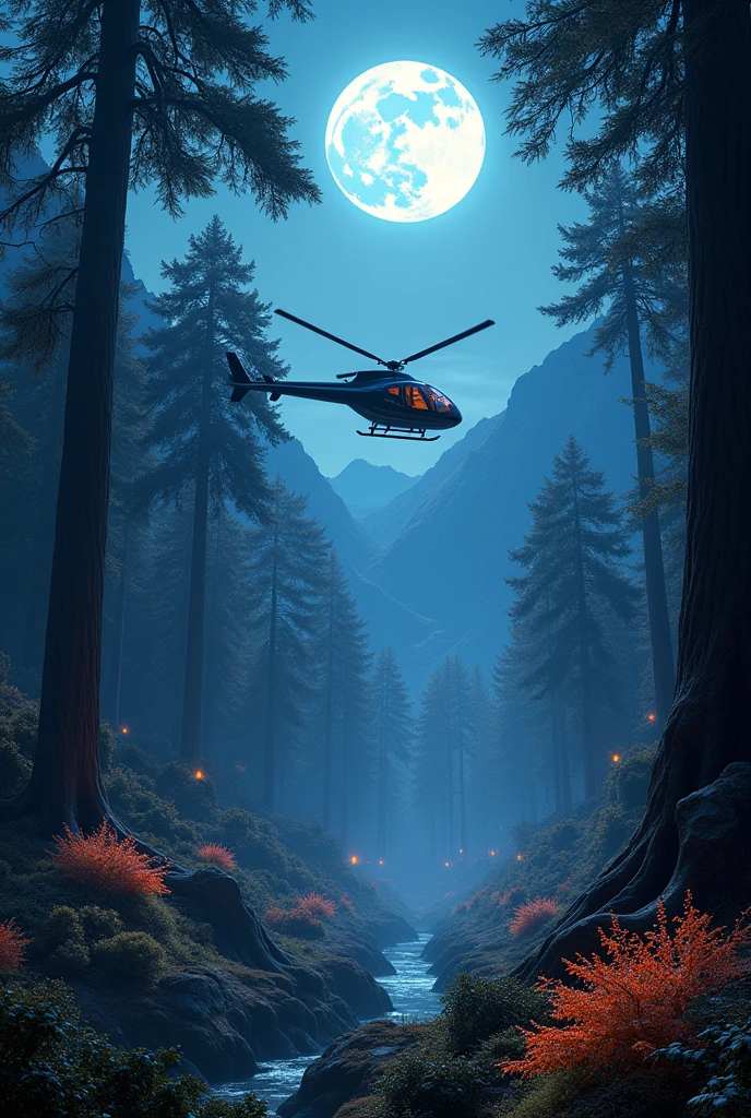 A vast forest seen from an aerial perspective, with colossal trees standing majestically under the light of the full moon. The iridescent vegetation shines with vibrant hues, while the flora emits strong bioluminescence, creating a magical and surreal atmosphere. In the distance, the mountains loom in the moonlight. A futuristic helicopter flies over at low altitude, illuminating the treetops with its soft light. The image must be in high resolution 8K HDR, with ultra-fine details that capture the essence of a nighttime environment full of life and mystery.