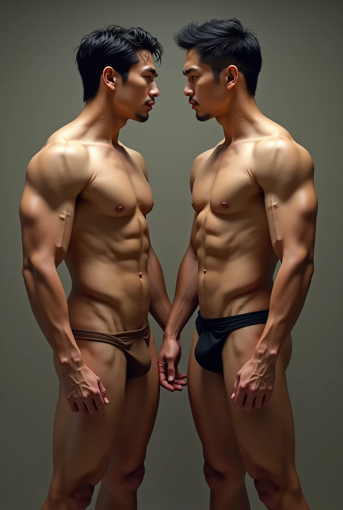 Two naked muscular asian men with huge and large penis