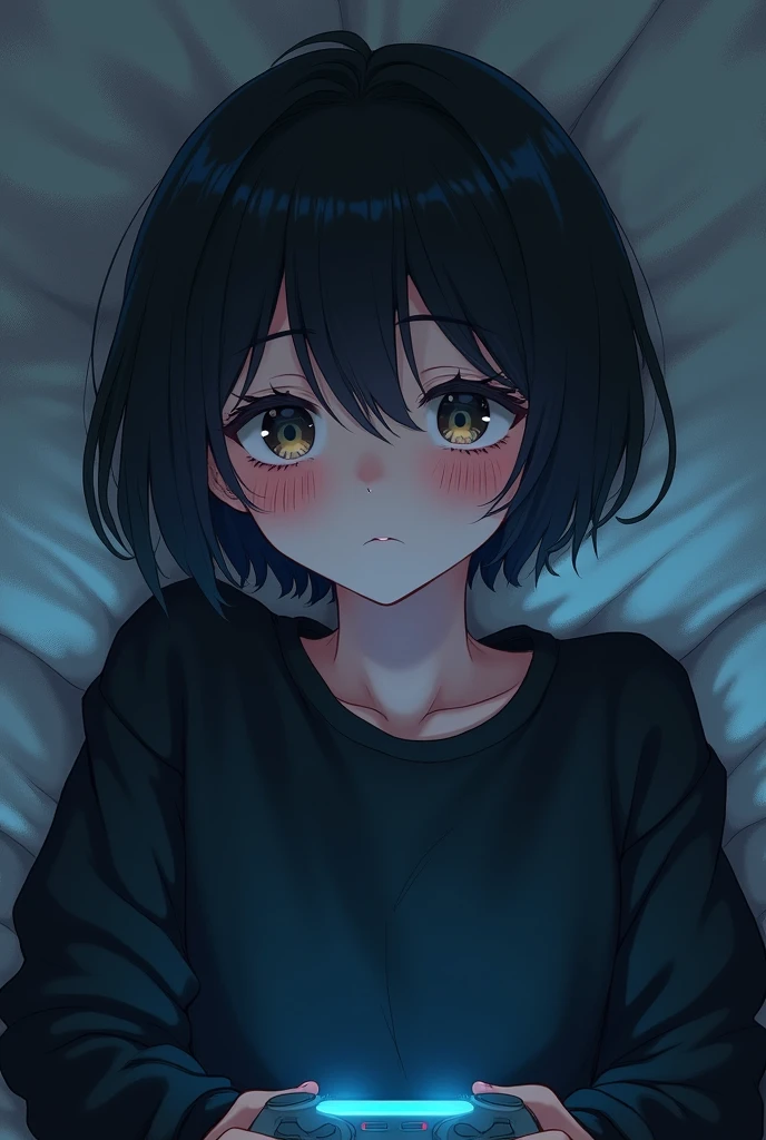 Anime and gaming fan in black sweatshirt sleepy emo with short hair