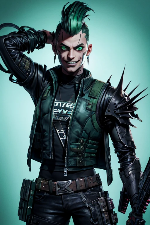 Villain, sci fi male, evil smile, a rat-faced, thin man with lots of scars and cybernetic prosthetics arm, Xtreme, open black torn leather vest, dirt on his clothes and face, black outfit, toxic green punk mohawk ,in sewers, dramatic lighting, realistic colors, highres, vivid colors, stunning green toxic sewers landscape background!, 8K image quality, Masterpiece