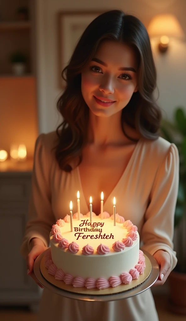 write some imgae generation prompts about a beautiful lady is giving a birthday cake to , leaning to front , like giving birthday cake posture , in a house and friendly ambient , like there is a nice and high quality material written in it "happy birthday fereshteh" , friendly and high quality materail house items , 