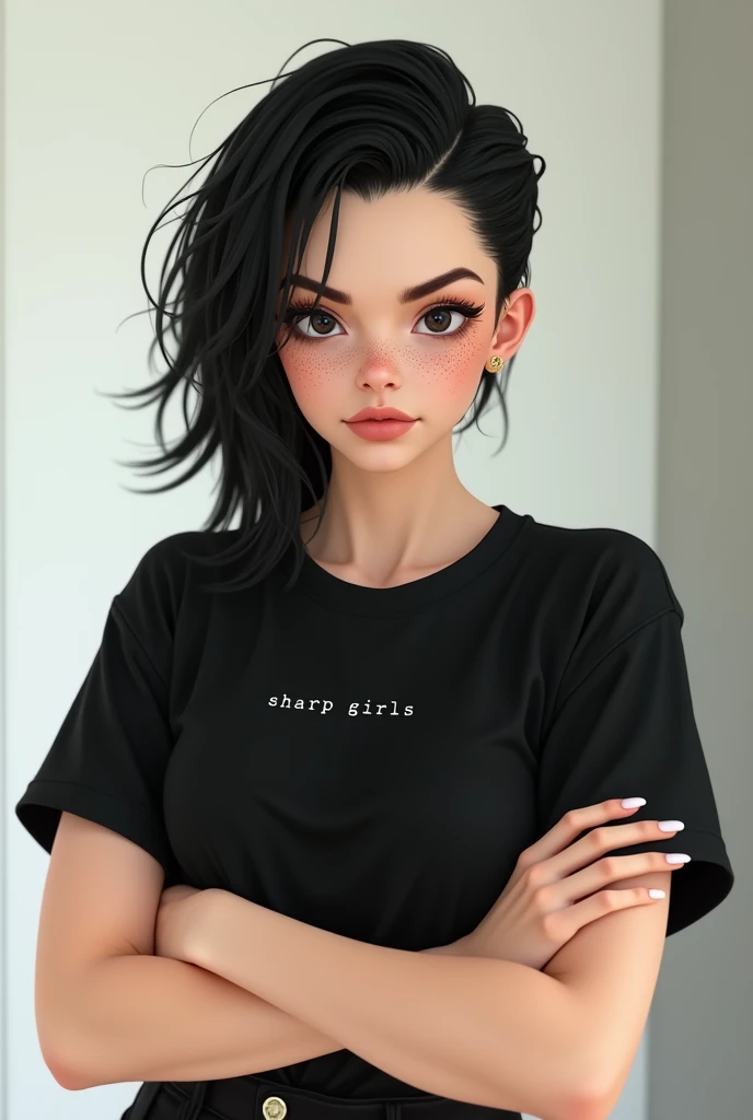 Cute female avatar,  with black hair, slickedback hair, freckles on the face, plain black sleeve t-shirt, and the name SHARP GIRLS in small on the side of the shirt on the chest, brown mouth, Crossed arms, up to the waist 