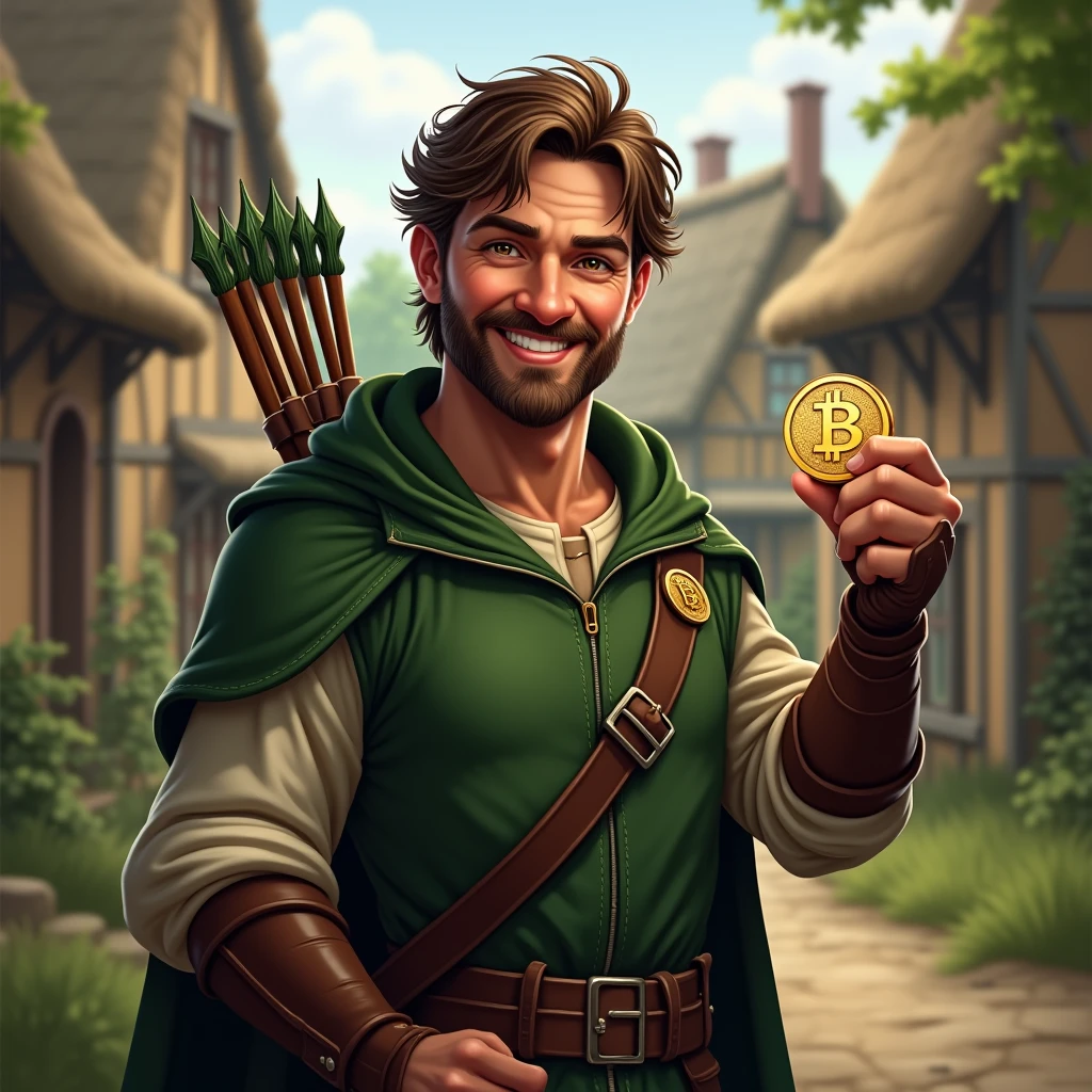 Smiling and holding Crypto coin adult Robin Hood looking to the camera in a village