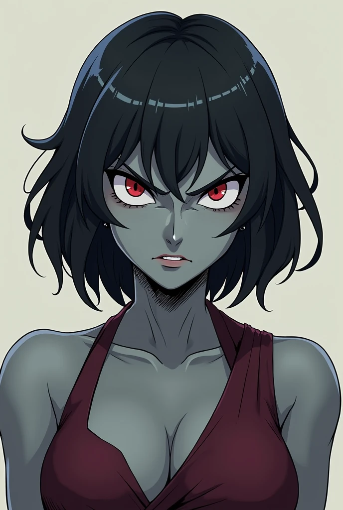 Create a full-length anime-style front-facing image of a gray tieflyn woman with red eyes and shoulder-length black hair who is slightly older without pointy ears and has an angry expression.