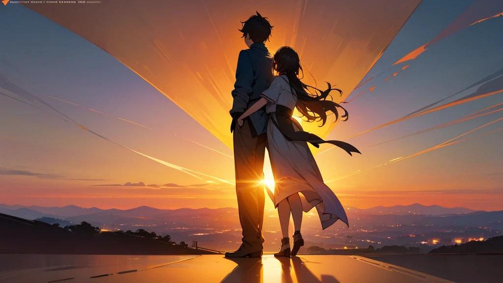 A vibrant, eye-catching thumbnail for a story video featuring a dreamy landscape at sunset. The 16-year-old boy and girl are silhouetted from behind, standing close together against a stunning sunset backdrop with warm, golden hues. Include the text "A Dreamy Love Story" in bold, stylish font at the top or bottom, and a subtle gradient or glow effect to make the text stand out. The overall design should evoke a sense of romance and serenity, drawing viewers into the enchanting story.
