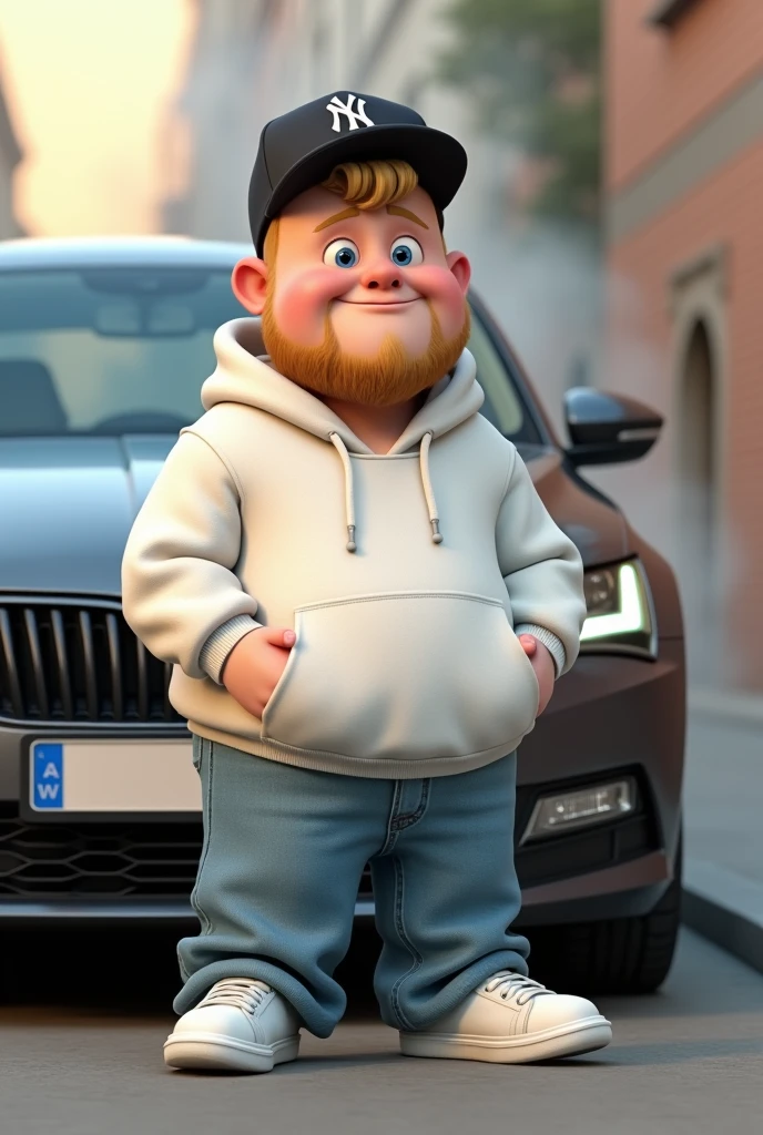 Im Stil von Pixar 3D-Animations-Filmen. a young man, small and chubby, light beard growth, White hoodie, light blue wide jeans, white sneakers, blue eyes, short blonde hair, black NY cap. Standing in front of a Skoda Octavia VRS with smoke coming from the engine compartment.

