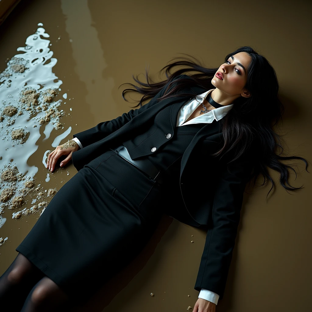 A realistic photo of one slender business goth lady, model-like appearance with long hair. She is dressed in long black business pencil skirt made from cotton fabric, black business jacket made from cotton and wool fabric. black business vest, white muddy shirt, stockings, black choker on the neck. She located in very muddy and flooded office. She lie in flirtatious and modest pose on backs on the floor and mired in dirty water and liquid mud, all her clothes are stained with liquid mud, she smears liquid mud over all her clothes(black business pencil skirt, jacket, vest, shirt, stockings), face, hair from head to toe. Her clothes completely covered in liquid mud. The light brilliantly illuminates all her clothes in details, casting small shadows and emphasizing the texture of the liquid mud on her clothes. View angle of the camera from top and rotated in different angle from the business lady