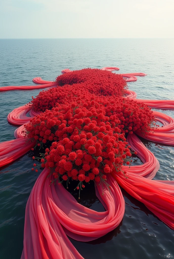 Land art in the sea with fabrics Red flowers theme