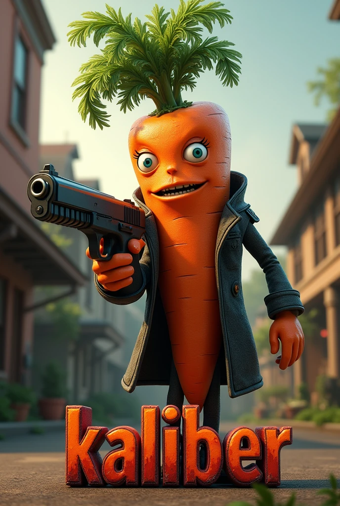 Cool carrot holding a gun, town background, with the word kaliber under it in bloody letters.