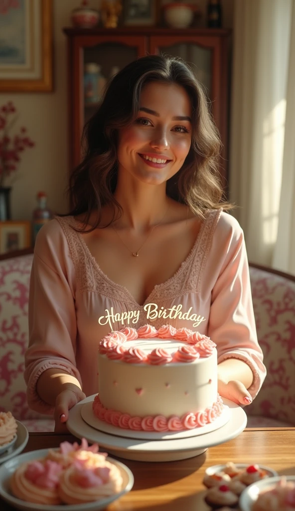 In a charming, well-furnished home, a beautiful woman is leaning forward, presenting a birthday cake with the words "Happy Birthday Fereshteh" written in delicate script. The room is bathed in soft, natural light, highlighting the high-quality materials of the furniture and decor, creating a friendly and joyful ambiance.