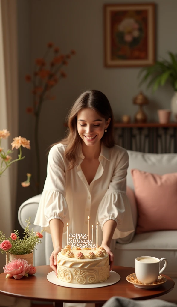 In a charming, well-furnished home, a beautiful woman is leaning forward, presenting a birthday cake with the words "Happy Birthday Fereshteh" written in delicate script. The room is bathed in soft, natural light, highlighting the high-quality materials of the furniture and decor, creating a friendly and joyful ambiance.


