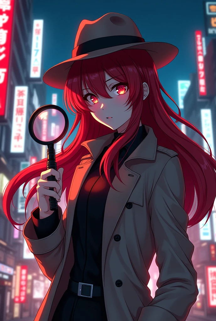 Anime character woman with long red hair and red eyes dressed as a detective with a magnifying glass in her hand in a Japanese city at night