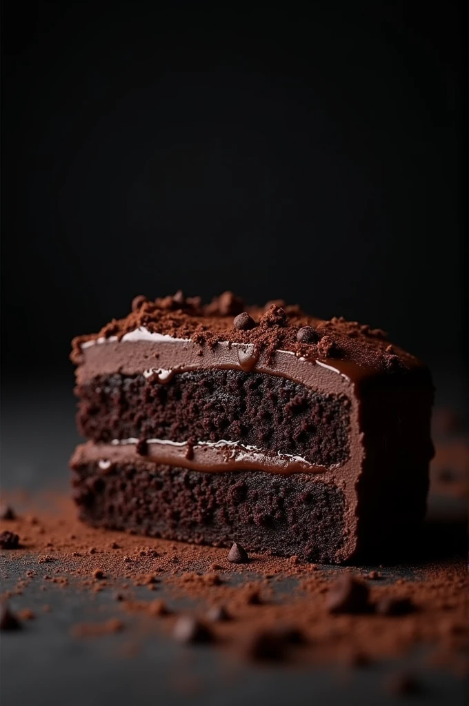 cinematic film still chocolate, chocolate cake, dark background, quality photo, moist texture, frosting, studio photo, slice . shallow depth of field, vignette, highly detailed, high budget, bokeh, cinemascope, moody, epic, gorgeous, film grain, grainy
