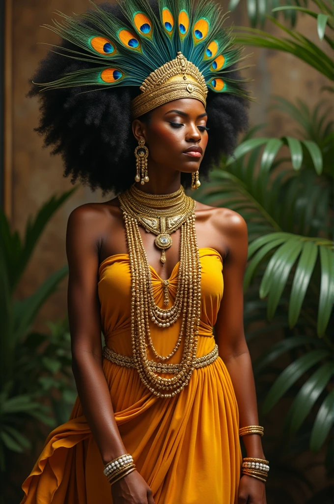 African woman in gold and amber dress with gold necklaces and shell bracelets with a crown of peacock feathers