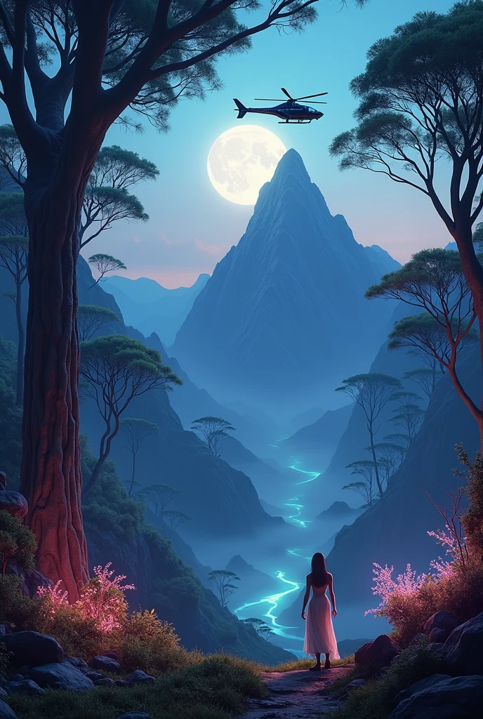 Futuristic helicopter, hovering over a mountain peak, full moon, afrofuturism, science fiction vehicle design, enchanted luminescent forest, vibrant iridescent hues, alien fauna, flora emitting bioluminescence, N'avi people's habitat, ethereal beings, colossal trees, pristine high-resolution 8K HDR photography, Pandora inspiration, ultra-fine details