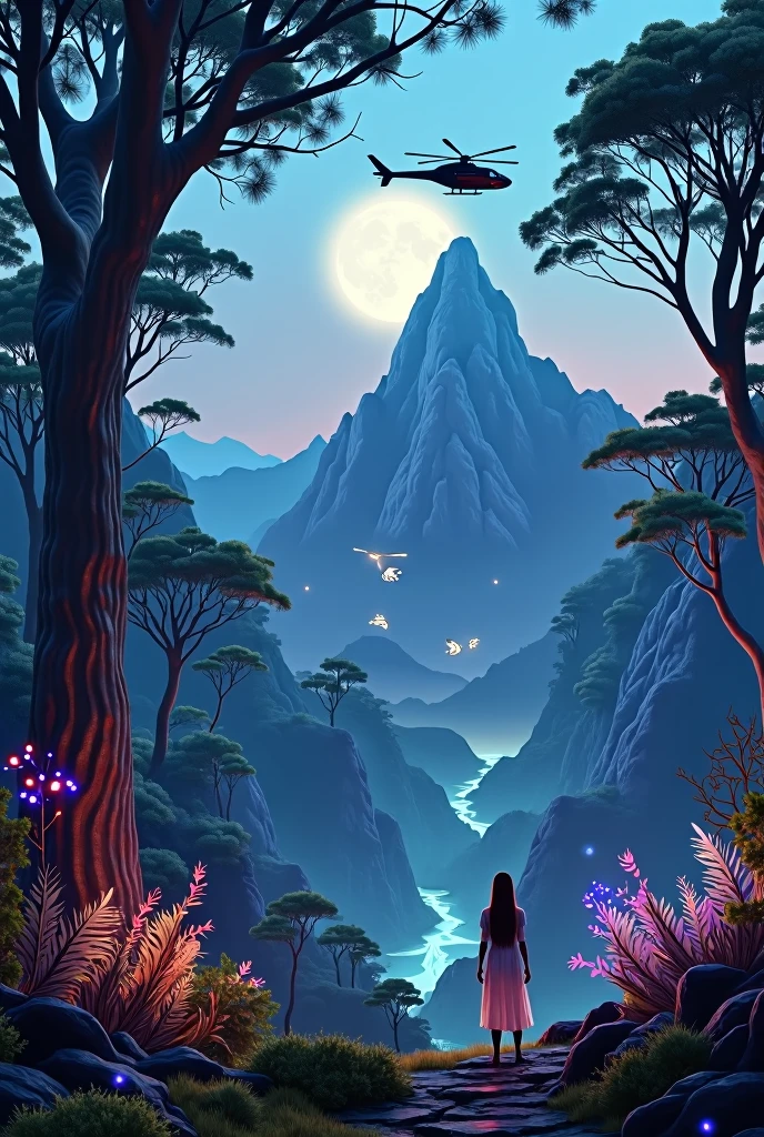 Futuristic helicopter, hovering over a mountain peak, full moon, afrofuturism, science fiction vehicle design, enchanted luminescent forest, vibrant iridescent hues, alien fauna, flora emitting bioluminescence, N'avi people's habitat, ethereal beings, colossal trees, pristine high-resolution 8K HDR photography, Pandora inspiration, ultra-fine details