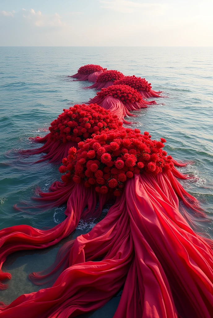 Land art in the sea with fabrics Red flowers theme