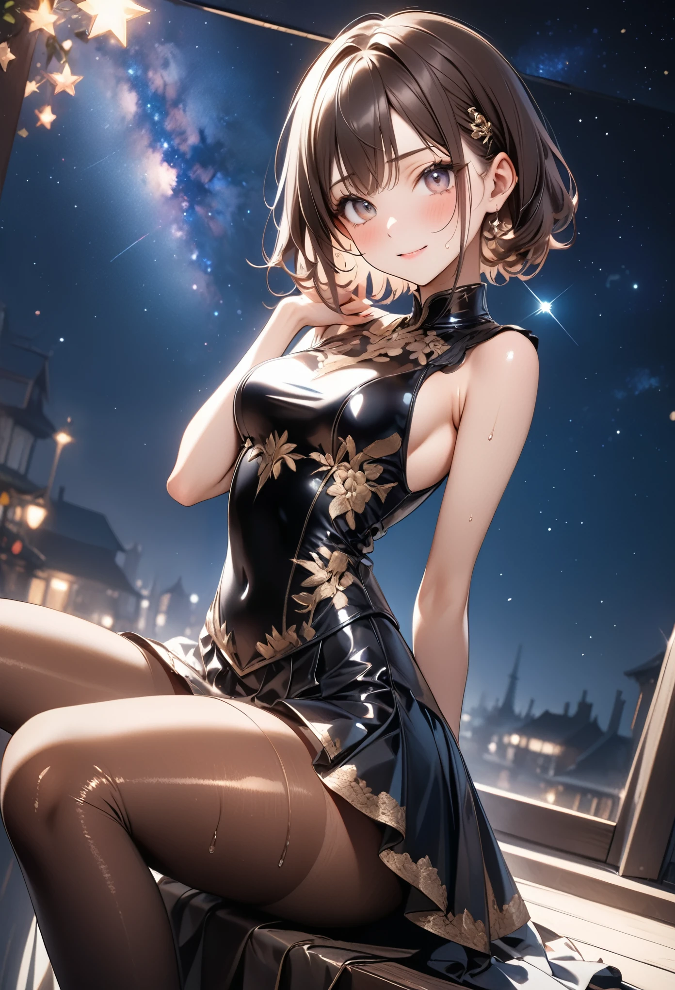 (Evil smile), (((Costumes that exude sexy evil, Gorgeous embroidery, Leather panties, skirt, Pantyhose))), ((Shiny Costumes)), ((skindentation)), skinny, solo, 1 woman, Masterpiece, highest quality, highest quality, 16K, incredibly absurd, highly detailed, 2.5D, ai-generated, delicate and dynamic, very delicate facial expressions, delicate eye depiction, erotic, only sexy woman, ((A cute and kind face)), healthy figure, ((25-year-old woman)), 160cm tall, medium firm swaying bust, Dark Hair, blush, Sweat,Embarrassed,sexy, ((thin thighs)), shiny and lustrous, facing straight at viewer, (((in heat))), ((Oily_skin)), ((Lots of sweat)), (((Brown Skin))), ((dutch angle)), ((erotic pose)), (((Dynamic Pose))), ((Starry Sky)), (Metallic clothing:0.7), (sit),