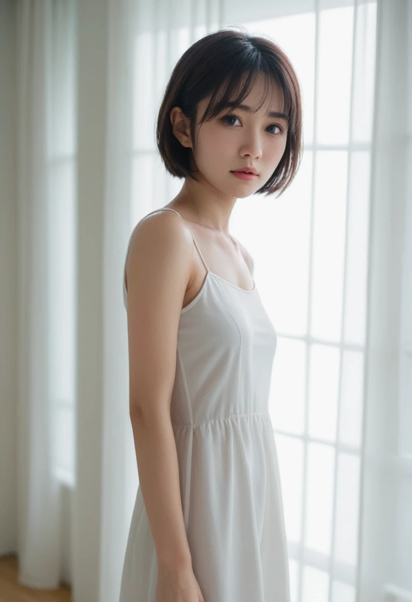 japanese woman, (close-up:2), standing, (natural lighting), short hair, forehead, (dark brown eyes), (downward slanting eyes), pouty, (white dress),(dynamic posing), (see-through curtain, bright room)