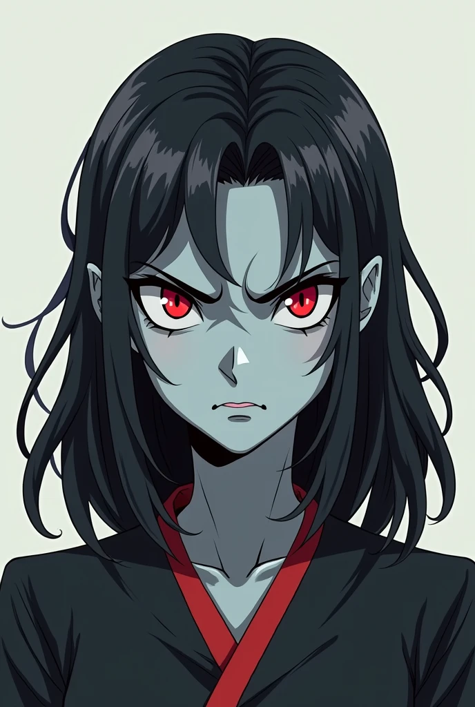 Create a full-length anime-style front-facing image of a gray tieflyn woman with red eyes and shoulder-length black hair who is slightly older without pointy ears and has an angry expression.