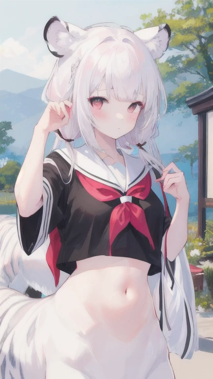(best quality, masterpiece), 1 girl, centaur, I beg, White skin, Japanese schoolgirl,daughter,black pink, exposing the abdomen, belly button t-shirt , beautiful girl perfect, White tiger photo, 완벽한 White tiger photo