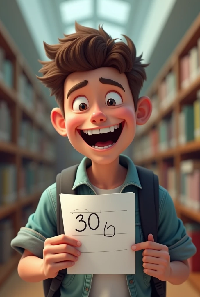 College student smiling exaggeratedly, with an exam in hand, in which he obtained a grade of 30