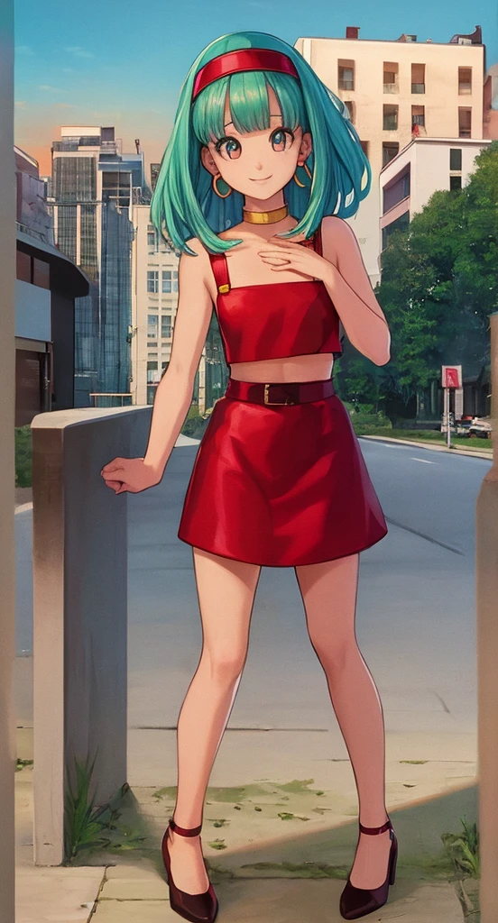 masterpiece, best quality, highest quality, photorealistic, perfect anatomy, perfect face, perfect eyes, aqua hair, brabulladbgt, red hairband, red dress, short red dress, hoop earrings, choker, solo, 1 girl, city, Balcony, outdoors, sexy pose, smile, sunset,