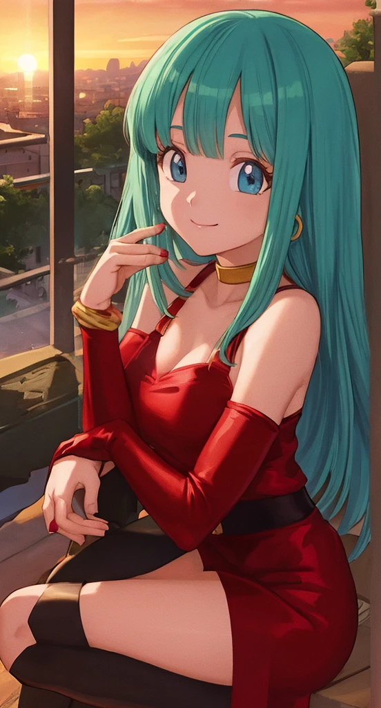 masterpiece, best quality, highest quality, photorealistic, perfect anatomy, perfect face, perfect eyes, aqua hair, brabulladbgt, red hairband, red dress, short red dress, hoop earrings, choker, solo, 1 girl, city, Balcony, outdoors, sexy pose, smile, sunset,