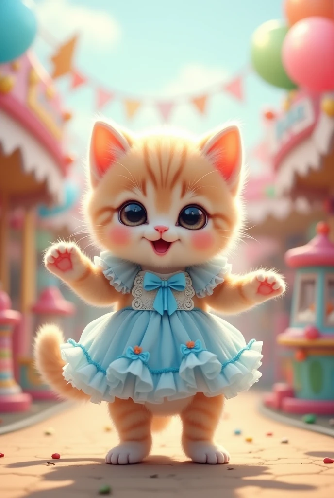 A small kitten stands on its hind legs,The cutest kitten I&#39;ve ever seen,Adorable appearance!!!,
Cute amusement park background,He dances,
She is wearing a frilly outfit like a cute idol in light blue.