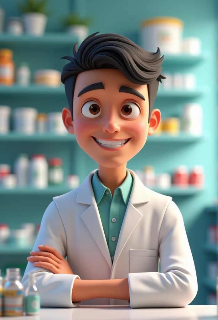 Cartoon character of a 25 year old man, dark haired, eyes browns, dressed in a white coat in a pharmacy an animated character, stylized character, animation style rendering, 3d stylized, Arnold Maya rendering, Stylized 3D rendering, toon render screenshot, 3d character, 3d character, Stylized 3D rendering, 3D character rendering, cartoon character, Personagem de close up, character posing, (Pixar-style) (master part:1.2) (bokeh) (best qualityer) (skin detailed) (detailed texture) (8k) (Argilla) (cinematic lighting) (sharp focus,Sit down and lift your upper body