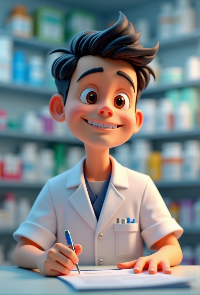 Cartoon character of a 25 year old man, dark haired, eyes browns, dressed in a white coat in a pharmacy an animated character, stylized character, animation style rendering, 3d stylized, Arnold Maya rendering, Stylized 3D rendering, toon render screenshot, 3d character, 3d character, Stylized 3D rendering, 3D character rendering, cartoon character, Personagem de close up, character posing, (Pixar-style) (master part:1.2) (bokeh) (best qualityer) (skin detailed) (detailed texture) (8k) (Argilla) (cinematic lighting) (sharp focus,Sit down and lift your upper body